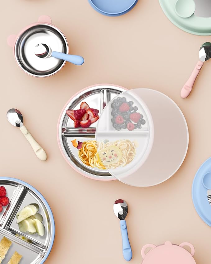 Stainless Steel Toddler Suction Plate with Lid, Deeper 9" Divided Plates with Removable Silicone Sleeves for Kids, Non Toxic & BPA Free | Unbreakable Baby Snack Dishes Set of 2, Pink & Lilac