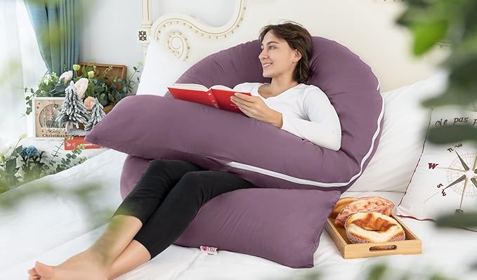 Meiz Pregnancy Pillow, Cooling Silky Pregnancy Pillows for Sleeping, 65" Maternity Pillow for Tall Pregnant Woman with Cooling Silk Jersey Cover, Purple