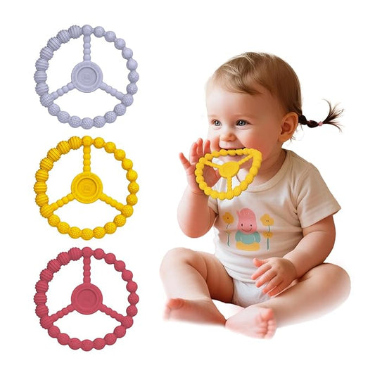 3 Pack Baby Teething Toys 3-6 Months, Silicone Ring Teethers for Babies 6-12 Months, Freezer Safe Chew Toy with Textured Grip for Boys Girls Teething Relief, Infant Easter Gift (Lavender Yellow Red)