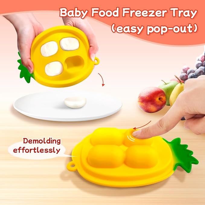 Baby Fruit Food Feeder - Silicone Nibble Tray Combo - Breastmilk Popsicle Mold for Cooling Relief, BPA Free Mesh Feeder for Infant Self Feeding (Antler Pink + Pineapple)