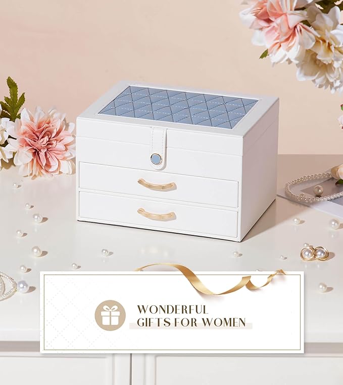 White Jewelry Box Organizer: Home Decor for Women - 2-Drawer Holder for Valentine’s Day Birthday Christmas White Grey-Blue