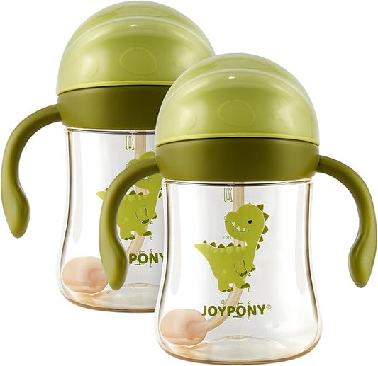 Sippy Cups for Toddlers 1-3, Spill Proof Weighted Straw Cup with Handle for Baby 6 Months + old, 2 Pack, Total 4 Silicone Straws, PPSU, BPA Free, 9 oz (Green)