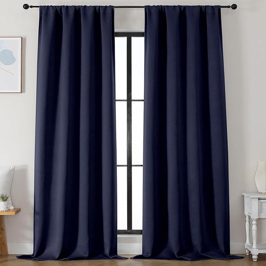 Simplebrand Ava Navy Blue Blackout Curtains for Bedroom 96 Inches Long 2 Panels, Solid Thermal Insulated, Energy Saving Living Room Window Treatment Curtains Blackout Drapes, W50 x L96 Inch, Navy Blue