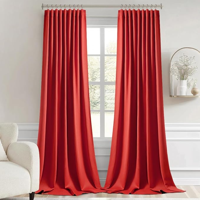 MIULEE Red Back Tab Blackout Curtains 108 Inch Long 2 Panels Set for Living Room Bedroom, Rod Pocket/Pinch Pleat Extra Long Thermal Insulated Room Darkening Pleated Light Blocking Drapes