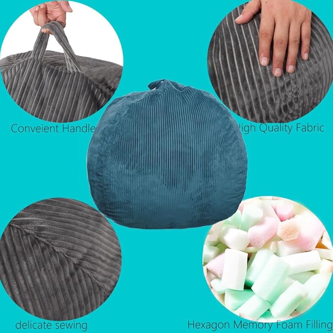 Bean Bag Chair 3Ft Luxurious Faux Rabbit Fur Memory Foam Bean Bag Chairs for Adults/Teens with Filling,Ultra Soft Faux Fur Fabric, Round Fluffy Sofa for Living Room Bedroom College Dorm (Blue)