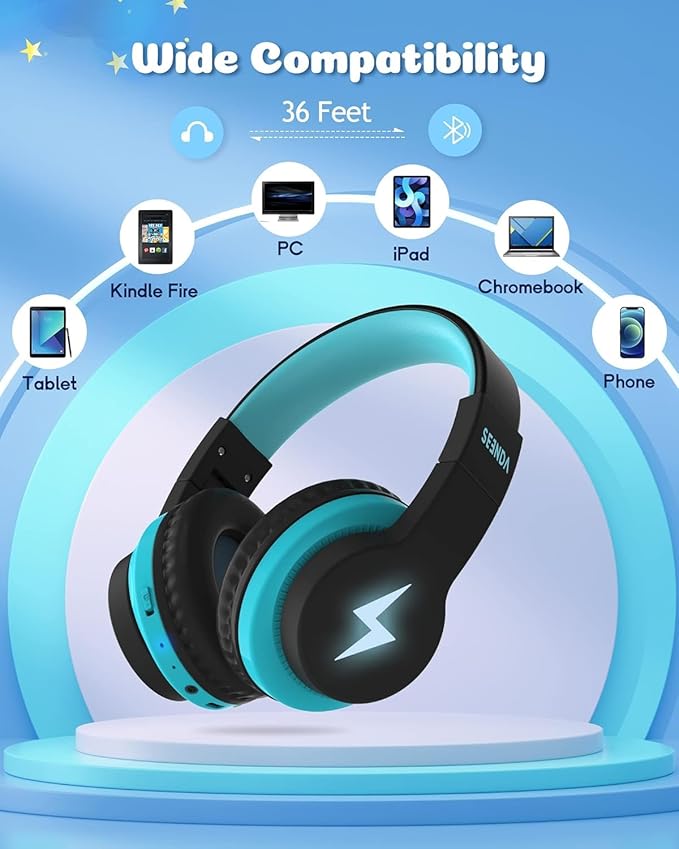 seenda Kids Bluetooth Headphones Boys, Kids Wireless Headphones with 85/94dB Volume Limited, 45H Playtime, 3 Lighting Modes, Built-in Mic, Over Ear Headset with Aux Cord for iPad/Tablet/Travel/School