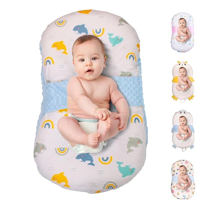 Baby Lounger for Newborns and Infants, Portable Lounger with Pillow & Foot Rest - 100% Cotton, Snug, Travel-Friendly, Breathable Fabric, Ideal for Cribs & Floor - Sprinta (Poly Snuggle)