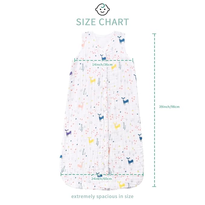 Toddler Sleep Sack for 2-4T Baby, Organic Cotton Wearable Blanket for Boys and Girls 0.5 TOG 2-Way Zipper Soft 4 Layers X-Large Deer