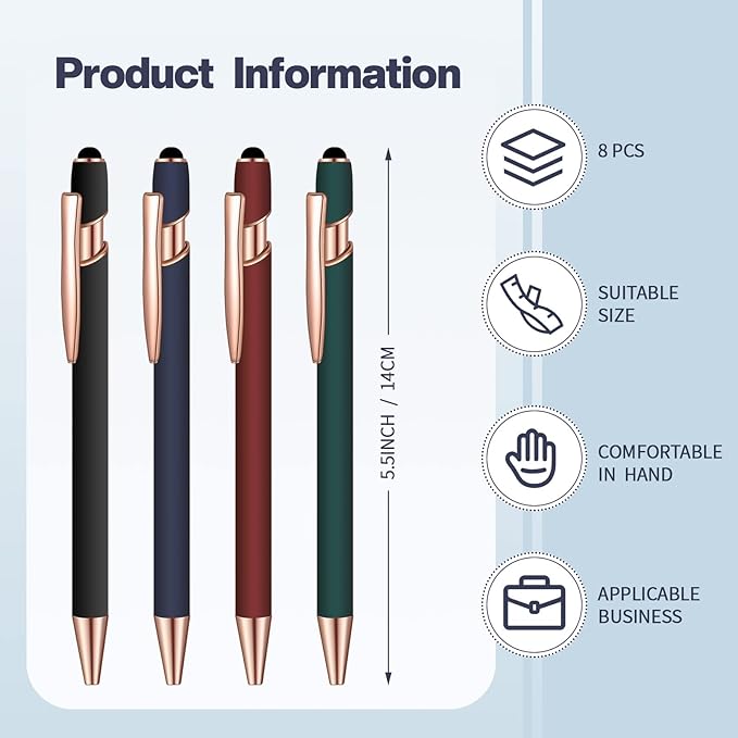 8 Pieces Ballpoint Pen with Stylus Tip Black Ink 2 in 1 Stylus Metal 1.0 mm Medium Point Smooth Pen Rainbow Colorful Rubberized Ballpoint for Touch Screen Tablet(Red, Green, Navy, Black)