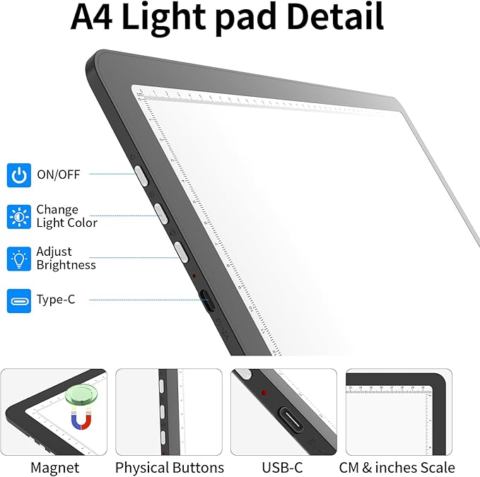 TOHETO A4 Light Board for Diamond Painting, Super Bright Magnetic Light Pad with Side Buttons, Lightbox for Tracing and Drawing, Corded Light Table for Sketching, Animation, Weeding Vinyl (Black)