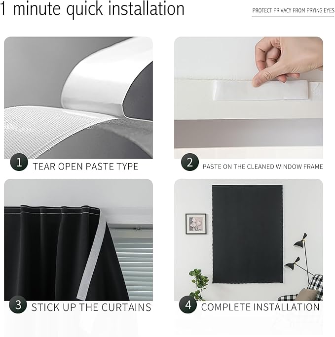 Adhesive Blackout Curtains- Self Stick Shades Window Blinds Curtains No Rod Needed Easy to Hang Curtains, Use for Bedroom, Living Room, Dining Room, Kitchen, Home Office, 59"W X 59"L, Black, 1 Panel