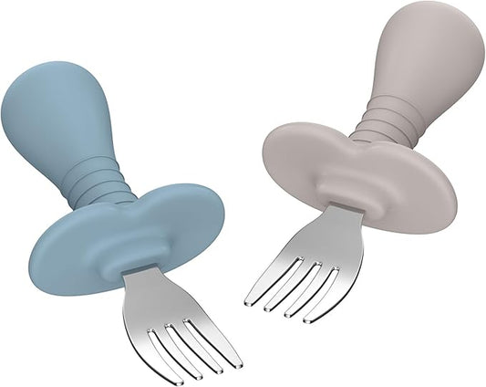 2 Pcs Baby Forks Toddler Forks for Self Feeding, Kids Forks with Silicone Round Handle, Stainless Steel Toddler Utensils Children Safe Silverware Set, Anti-Choke Design, BPA Free