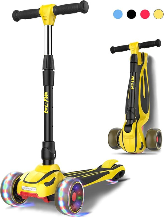 LOL-FUN Toddler Scooter for Kids Ages 3-12 Years Old Boy Girl with 3 Wheel LED Lights, Extra-Wide Childrens Foldable Kick Scooter Kids Ages 3-5 with 4 Adjustable Height and Lean-to-Steer