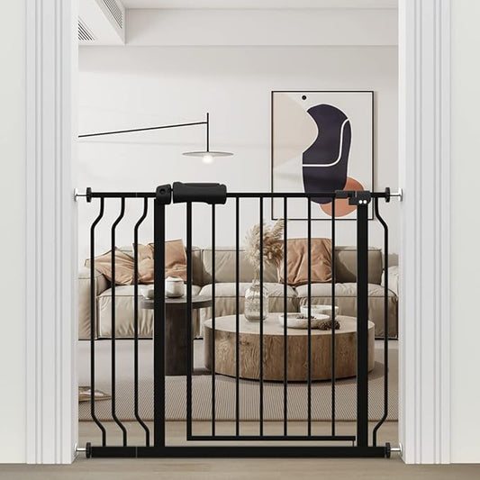 WAOWAO Baby Gate 33.86-38.58" Extra Wide Pressure Mounted Walk Through Swing Auto Close Safety Black Metal Toddler Kids Child Dog Pet Puppy for Stairs,Doorways,Kitchen
