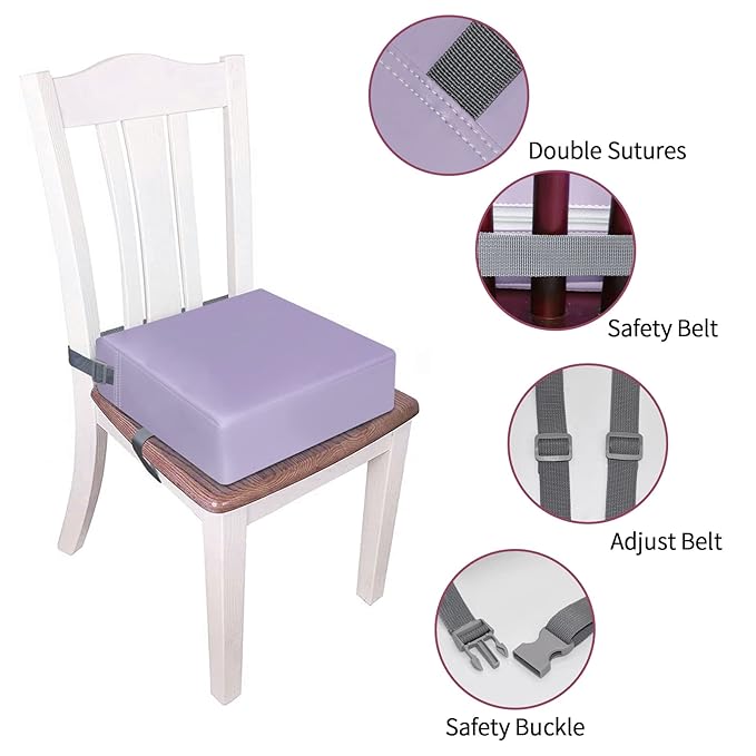 Toddler Booster Seat for Dining Table, PU Washable Double Safe Straps Non-Slip Bottom Booster Seat Cushion, Strong Support Portable Travel Booster Seat for Chair (Purple)