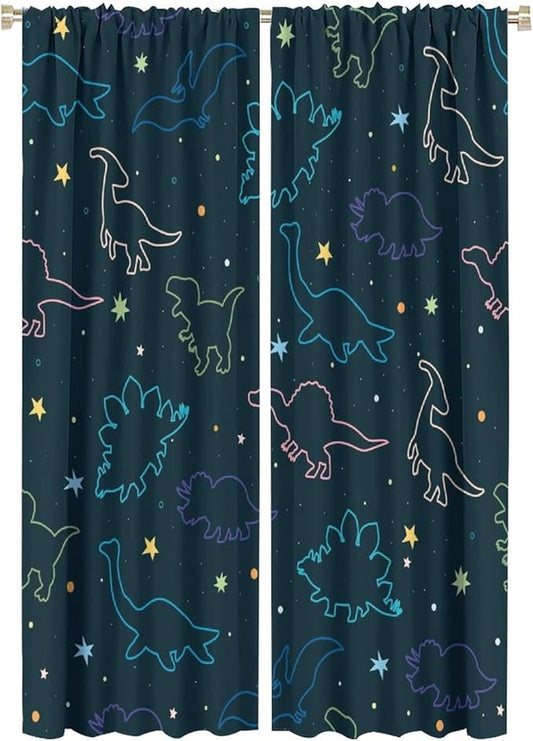 Cartoon Colorful Dinosaur Curtains for Kids Boys Girls Home Decor, Astronaut Funny Outer Space Star Blackout Rod Pocket Window Drapes for Bedroom Living Room W21xL63in 2 Panels