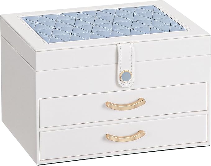 White Jewelry Box Organizer: Home Decor for Women - 2-Drawer Holder for Valentine’s Day Birthday Christmas White Grey-Blue
