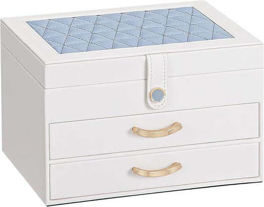 White Jewelry Box Organizer: Home Decor for Women - 2-Drawer Holder for Valentine’s Day Birthday Christmas White Grey-Blue