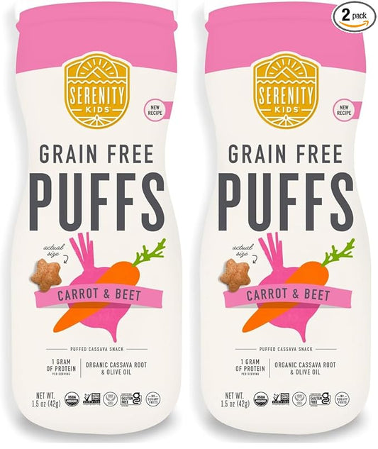 Serenity Kids 6+ Months Grain Free Puffs Toddler & Baby Snack | No Added Sugar, Gluten & Rice Free, Allergen Free | Made with Organic Cassava, Veggies, and Herbs | Carrot & Beet | 1 Count (Pack of 2)