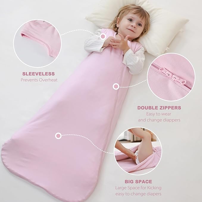 Mosebears Unisex Baby Sleep Sack 1.0 TOG, Supersoft Rayon Made from Bamboo Wearable Blanket with 2-Way Zipper (Blush,0-6 Months)