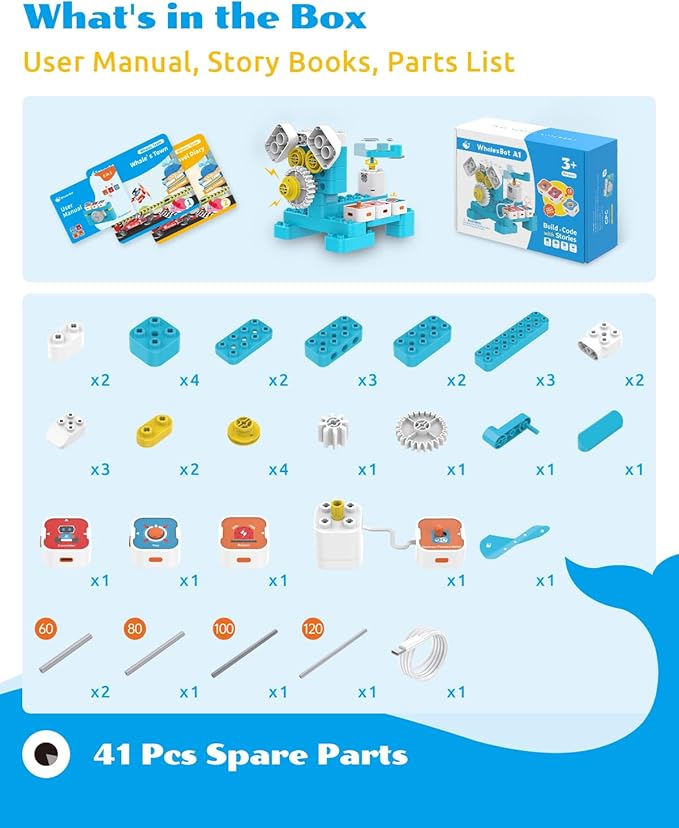 WhalesBot A1 Coding Toy for Kids, Building Block Robot, Fun STEM Toy with Magnetic Controller and Sensor Blocks, Screen-Free Coding with 3 Guide Books for Kids 3-6