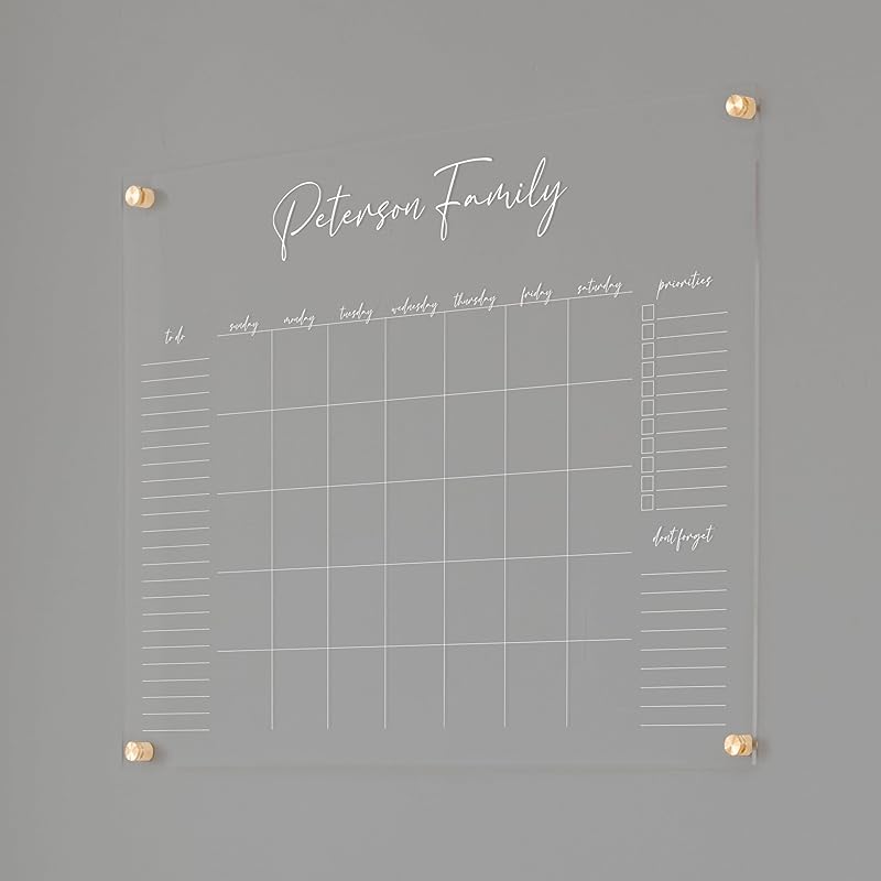 Personalized Clear Acrylic Calendar for Wall, Calendar Whiteboard for Wall, Dry Erase Wall Calendar, Wall Calendar Organizer System for Home (Cursive, White, 31"W x 23"H)