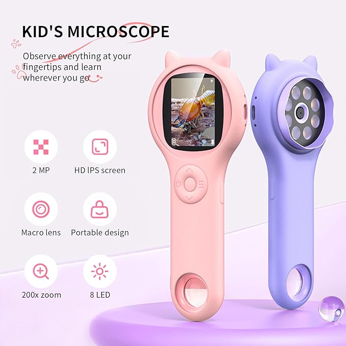 Portable Handheld Mini Digital Microscope for Kids - Educational Science Toys, Christmas & Birthday Gifts for Age 5 6 7 8 9 10 11 12 Girls & Boys (Pink)