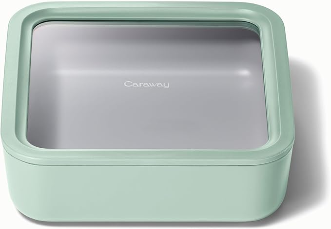 Caraway Glass Food Storage, 10 Cup Glass Container,Ceramic Coated Food Container,Easy to Store, Non Toxic, Non Stick Lunch Box Container with Glass Lids. Dishwasher, Oven,Square Shape,Mist