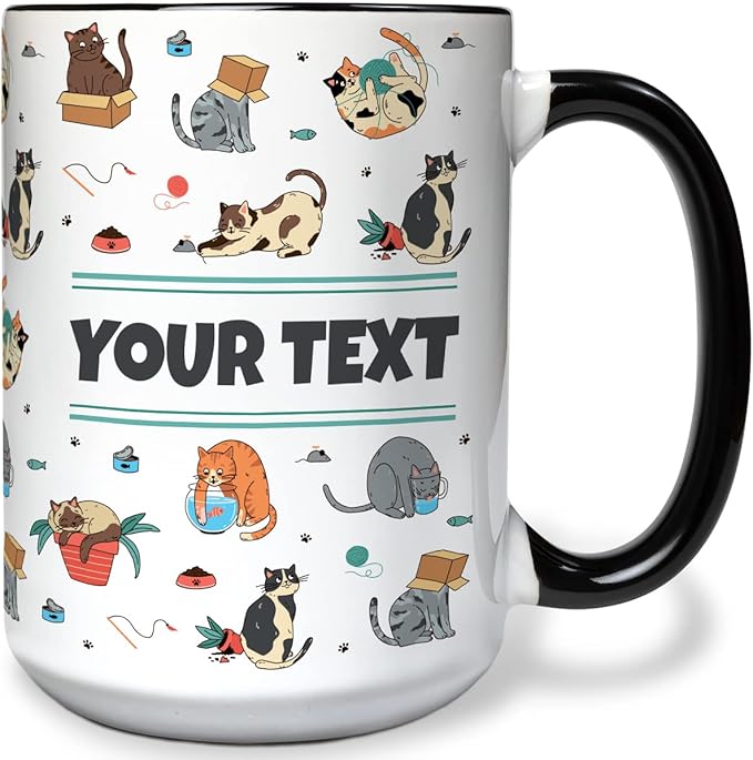 Personalized Mug for Kids - Cats - Custom Name/Text, Ceramic Hot Chocolate/Cocoa/Coffee Cup for Boys/Girls, Birthday/Christmas/Holiday Gift - 15 oz, Black Handle