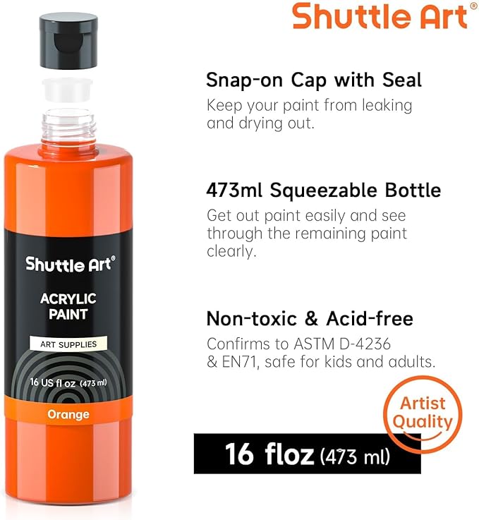 Shuttle Art Acrylic Paint, 15 Pack Acrylic Paint Large Bottle Set, 473ml/16oz Each, 14 Unique Colors and 1 More White, High Viscosity Art Paint for Artists, Beginner & Kids on Rocks Canvas WoodCeramic