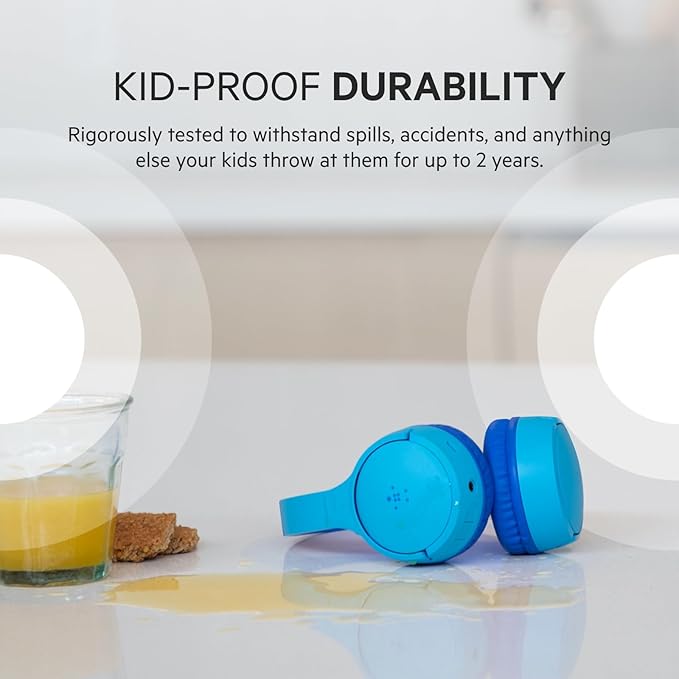 Belkin SoundForm Mini - Wireless Bluetooth Kids Headphones, 30H Battery, 85dB Safe Volume Limit, Built-in Microphone - Toddler On-Ear Earphones for iPhone, iPad - Ideal for School - Blue w/ Case
