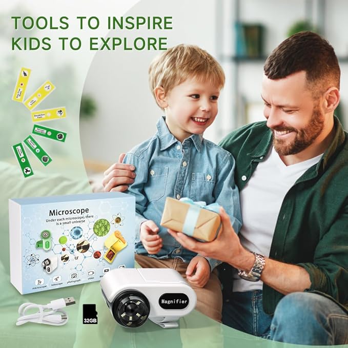 Microscope for Kids, [3-in-1] 1000X Handheld Mini Scope with 2" LCD Screen, Portable Miniscope for Kids 8-12 Halloween Christmas Birthday Edu Gifts, 32GB TF Card Included