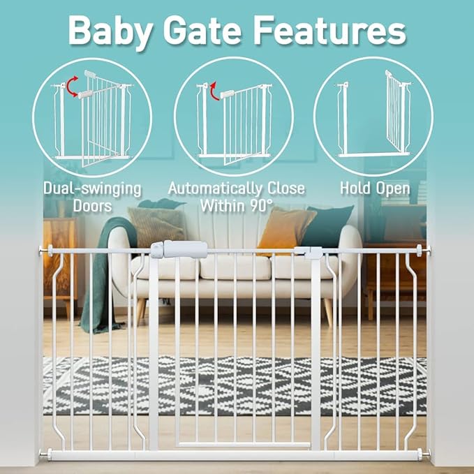 WAOWAO Baby Gate 29.13-33.82" Extra Wide Pressure Mounted Walk Through Swing Auto Close Safety White Metal Toddler Kids Child Dog Pet Puppy for Stairs,Doorways,Kitchen