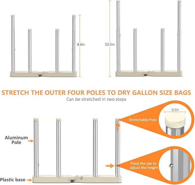 Reusable Storage Bag Drying Rack, Retractable Metal Bottle Drying Rack,Collapsible Cup Draining Rack for Water Bottles, Mason Jars,Mugs,Glass and Sports Bottle (2 PCS)