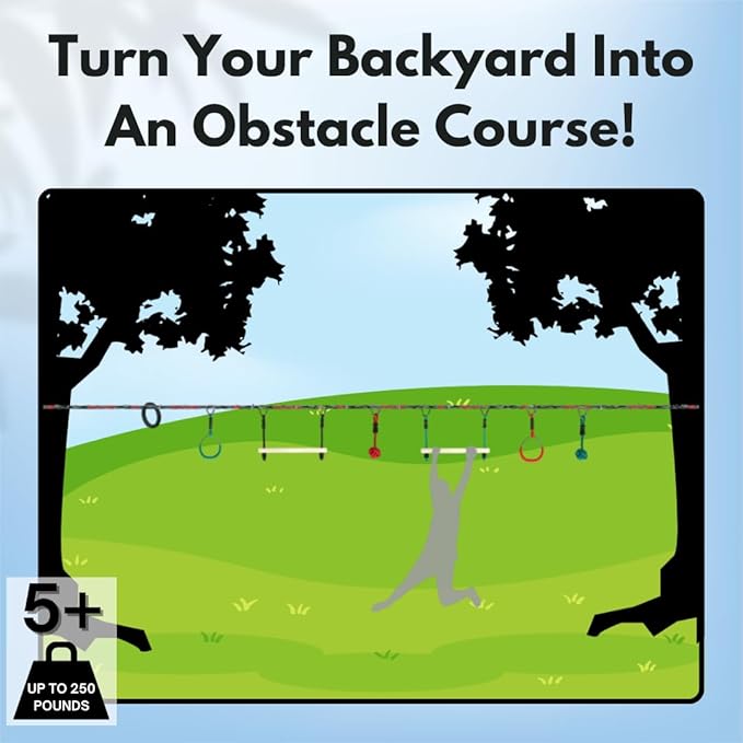 Slackers Ninjaline - 36' Intro Kit - Includes 7 Hanging Attachments - Best Outdoor Ninja Warrior Training Equipment For Kids - Build Your Very Own Backyard Obstacle Course - Rated Ages 5+
