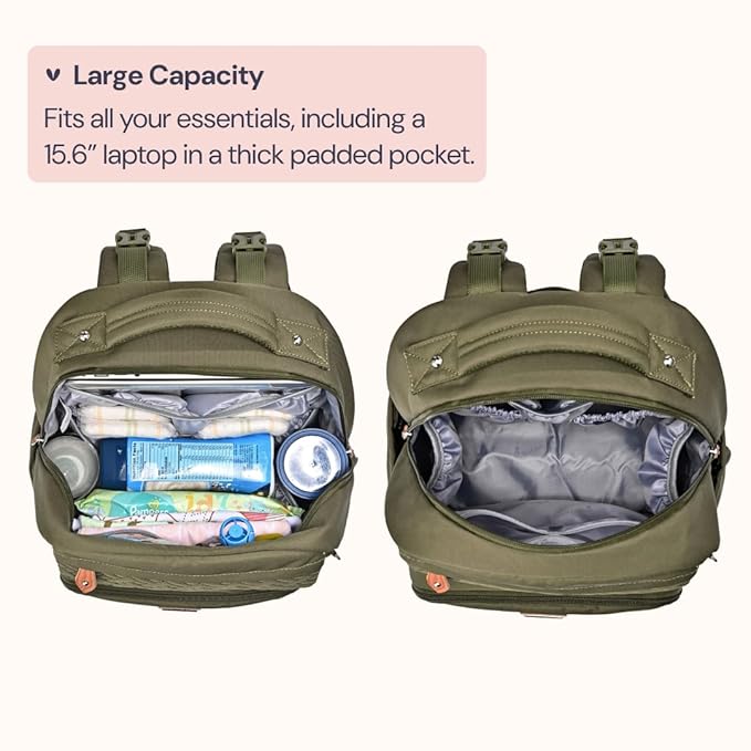 BabbleRoo Diaper Bag Backpack, Travel Backpack with Changing Pad, Pacifier Case & Stroller Straps, Multifunction, Waterproof, Unisex – Army Green