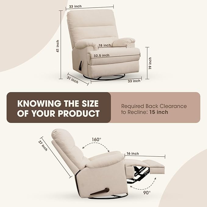Large Glider Rocker Recliner,Beige Swivel Rocking Recliner Chair,Reclining Sofa Rocking Chair Nursery,23 Inches Deep Seat & 27 inches High Back,for Living Room, Bed Room‎ (Beige)