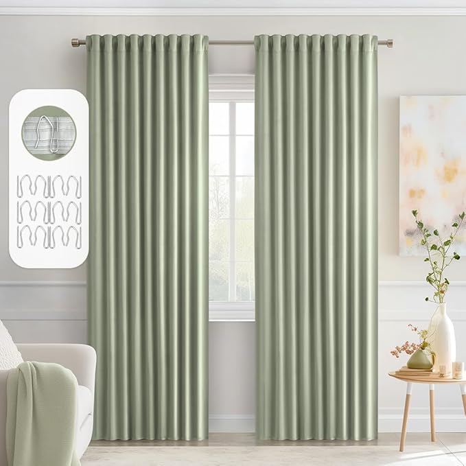 MIULEE Sage Green Back Tab Blackout Curtains 72 Inch Length 2 Panels Set for Living Room Bedroom Privacy, Rod Pocket/Pinch Pleat Thermal Insulated Room Darkening Pleated Light Blocking Drapes