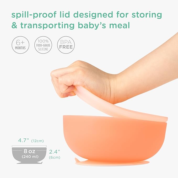 Olababy 100% Silicone Suction Bowl with Lid for Independent Feeding | First Stage Self Feeding Essential for Toddlers and Kids| Baby Led Weaning Snack Feeder | Food Container and Storage |