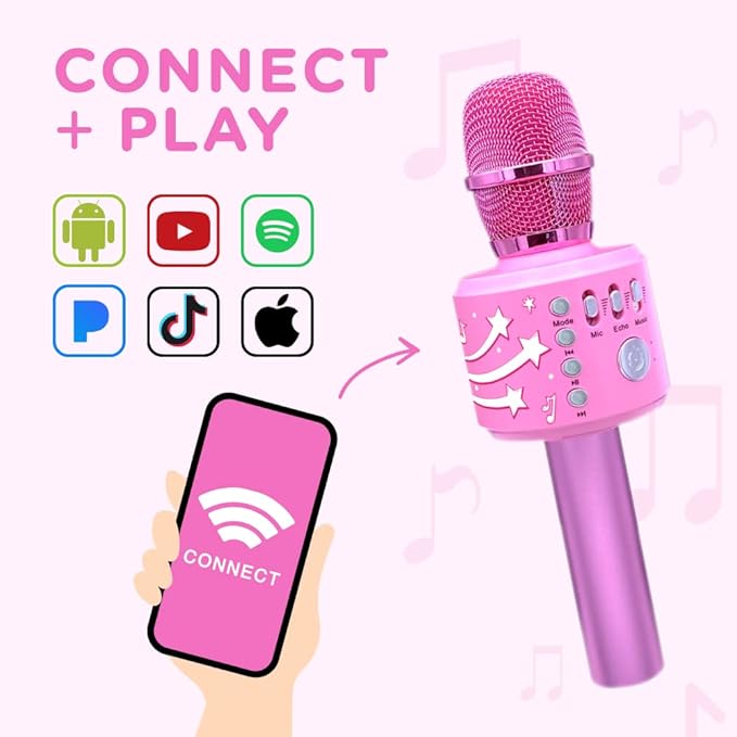 Move2Play, Kids Karaoke Microphone | Includes Bluetooth & Pre-Loaded Songs | Birthday Girls Present for All Ages, 2, 3, 4, 5+ Year Old Girls, Boys & Toddlers (All Pink)