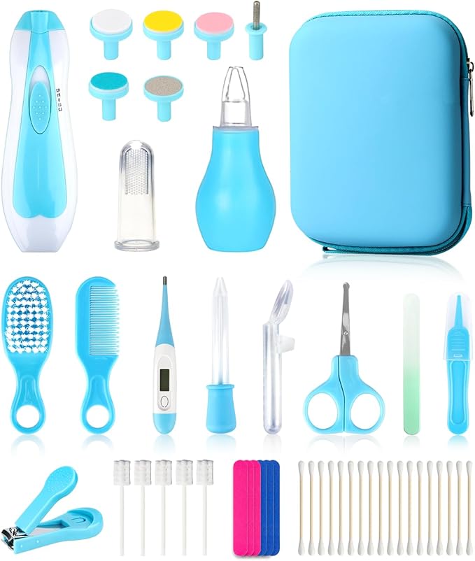 Baby Grooming and Healthcare Kit, Portable Baby Safety Care Set with Hair Brush Comb Nail Clipper Nasal Aspirator for Nursery Newborn Infant Girl Boy (31 in 1, Blue)
