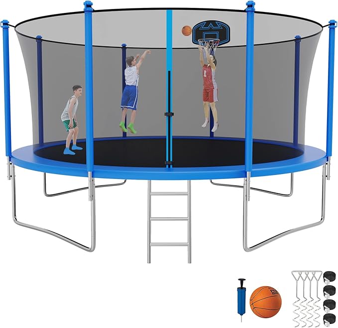SKYUP Tranpoline 1500LBS 16 15 14 12 10 8 FT Tranpoline for 7-10 Kids and Adults, Windproof Outdoor Tranpoline with Enclosure Net, Basketball Hoop, Easy to Install & Last Long - ASTM Approved