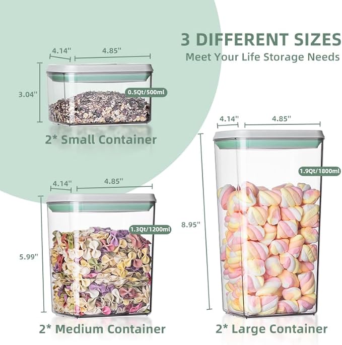 Ankou Airtight Food Storage Container Sets with Lids 6Pcs Pop Containers for Kitchen Pantry Organization BPA-Free Stackable Kitchen Storage Containers for Cereal Flour Sugar (0.5, 1.2, 1.8qt)*2