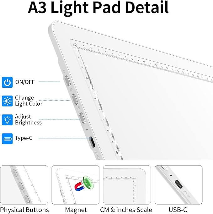 TOHETO Rechargeable A3 Light Board with Stand, Bag, Super Bright Magnetic Light Pad with Side Buttons, Wireless Light Box for Tracing and Drawing, Cordless Light Table for Diamond Painting, Sketching