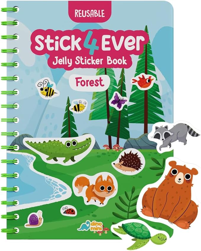 Stick4Ever Jelly Sticker Book - for Kids - Waterproof, Easy to Clean Jelly Stickers for Kids - Reusable Sticker Book for Toddlers with 50 Pcs of Reusable Stickers (Forest)
