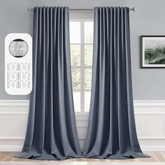 MIULEE Stone Blue Back Tab Blackout Curtain 96 Inch Long 2 Panels Set for Bedroom, Rod Pocket/Pinch Pleat Thermal Insulated Living Room Darkening Pleated Light Blocking Floor to Ceiling Drape