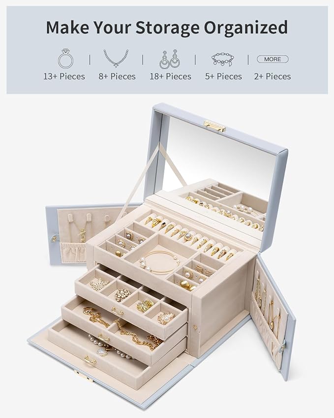 Vlando Jewelry Box for Girls, 4-Tier Jewelry Organizer with Lock, Mirror Jewelry Box for Earring, Ring, Necklace and Bracelets - Blue