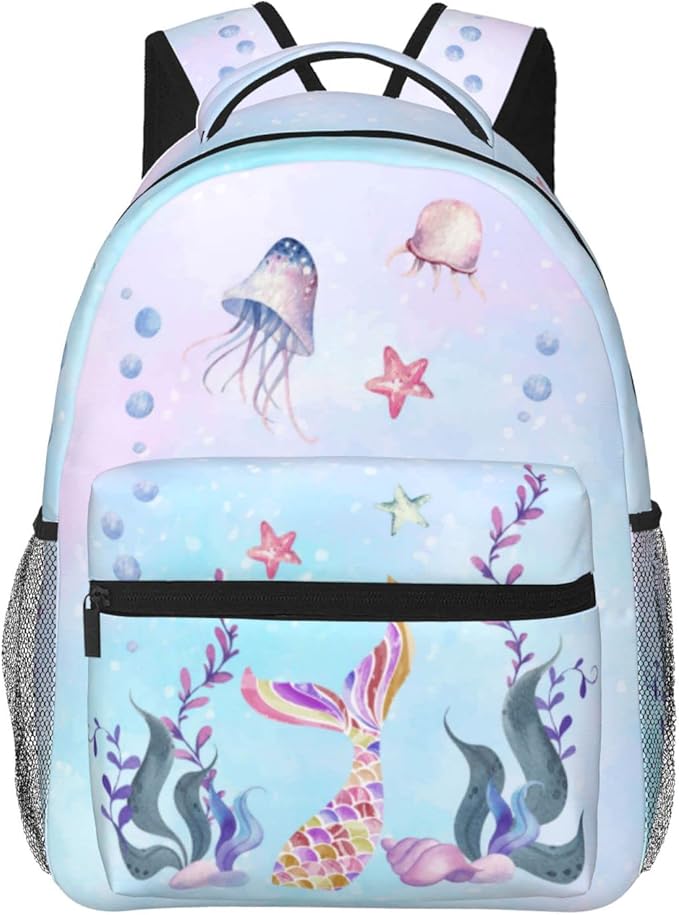 Girls Mermaid Backpack, Girl's Dreamy Underwater World School Bag with Jellyfish & Starfish Prints, Kawaii Lightweight Bookbag for Girls Boys Age 5-12, Ideal for School Travel Outdoor Hiking