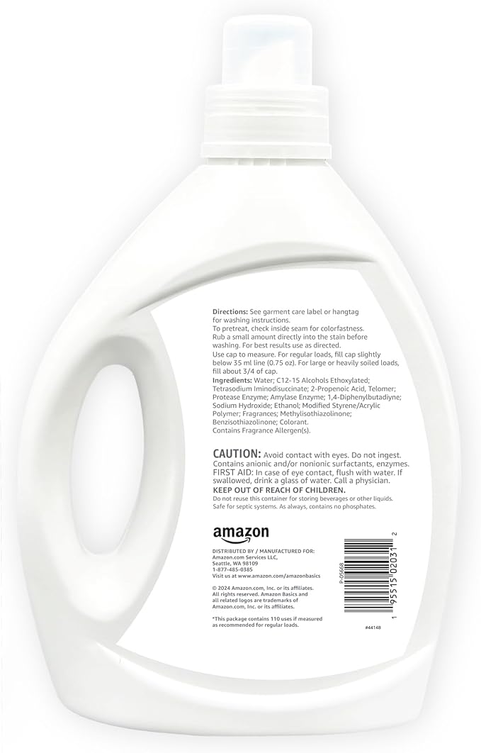 Amazon Basics Concentrated Liquid Laundry Detergent, Clean Linen, 110 loads, 82.5 Fl Oz (Previously Solimo)