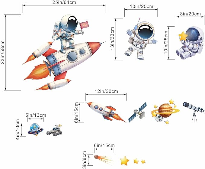 Astronaut Wall Decals - Outer Space Planets Rocket Boys Wall Stickers - Baby Nursery Kids Room Daycare Playroom Wall Decor